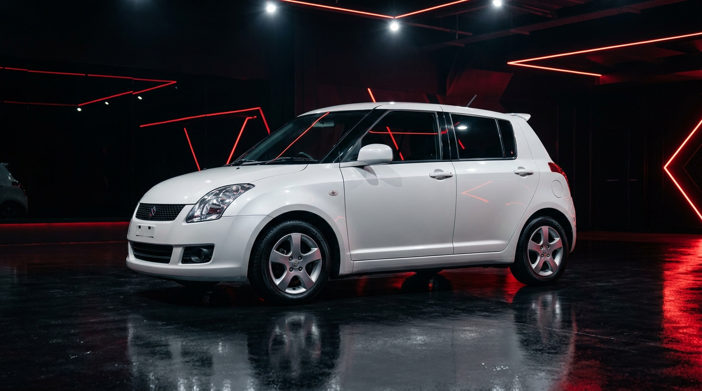 White 2004 Suzuki Swift in cinematic Karachi showroom